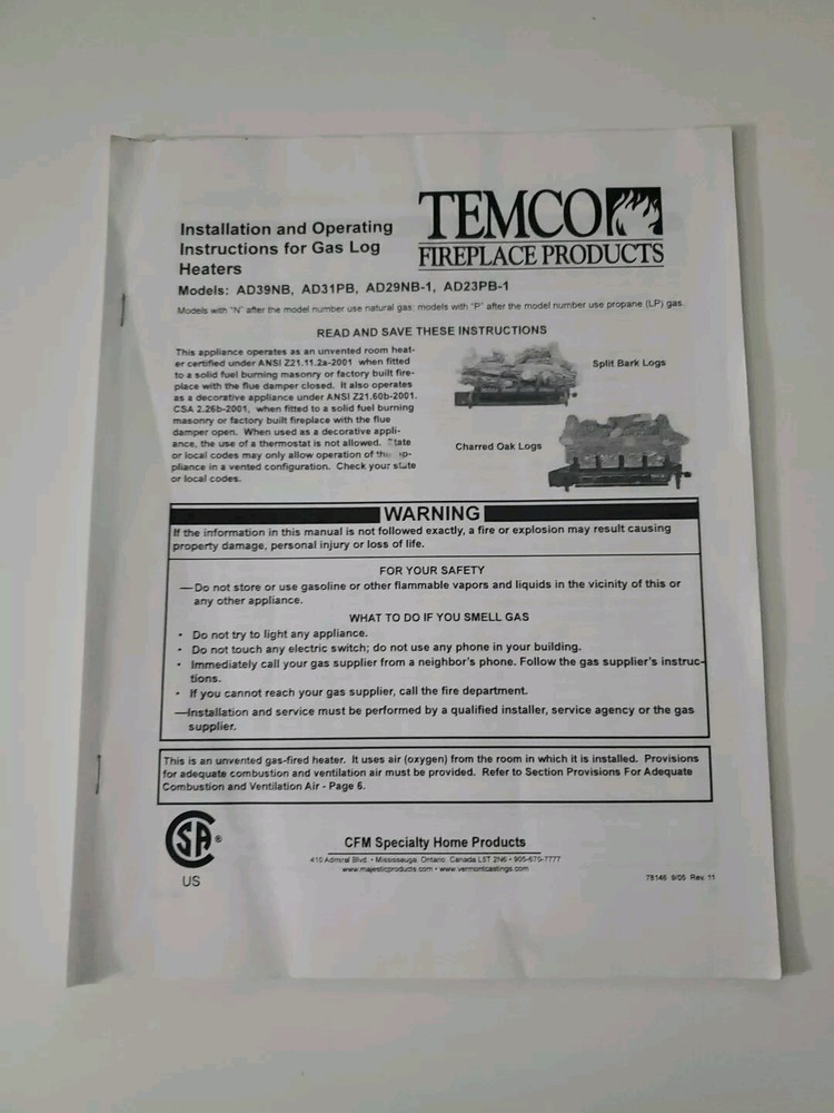 TEMCO FIREPLACE PRODUCTS INSTALLATION & OPERATING INSTRUCTIONS GAS LOG HEATERS