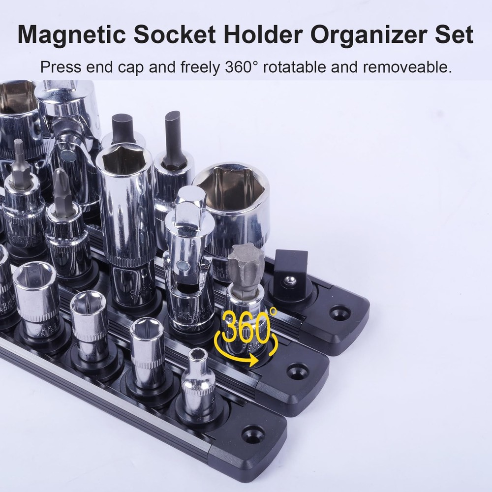 Magnetic Socket Holder Organizer Set:3/8-Inch Drive Socket Trays Socket, 360°...