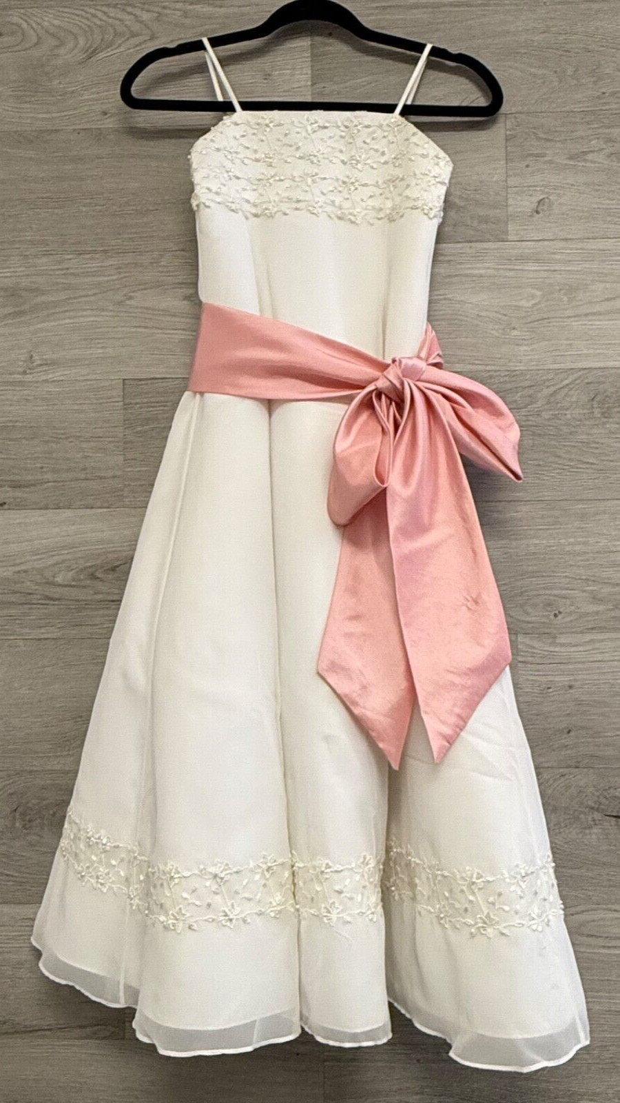David's Bridal Tea Length Wedding Dress Womens 7 Straps Beaded Pink Sash Ribbon