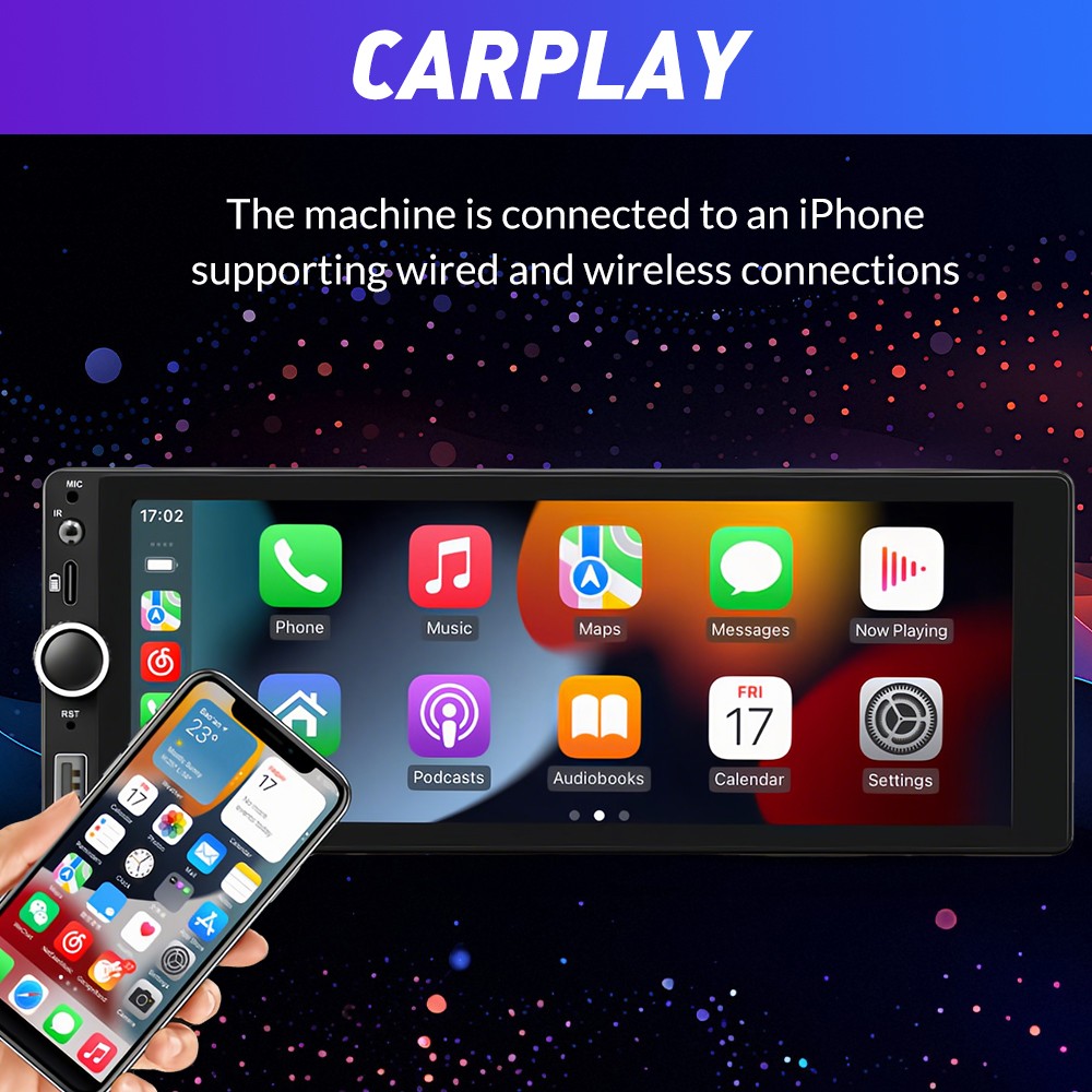 Single 1 Din Car Stereo Wireless CarPlay 6.8" Touchscreen Bluetooth Radio FM USB