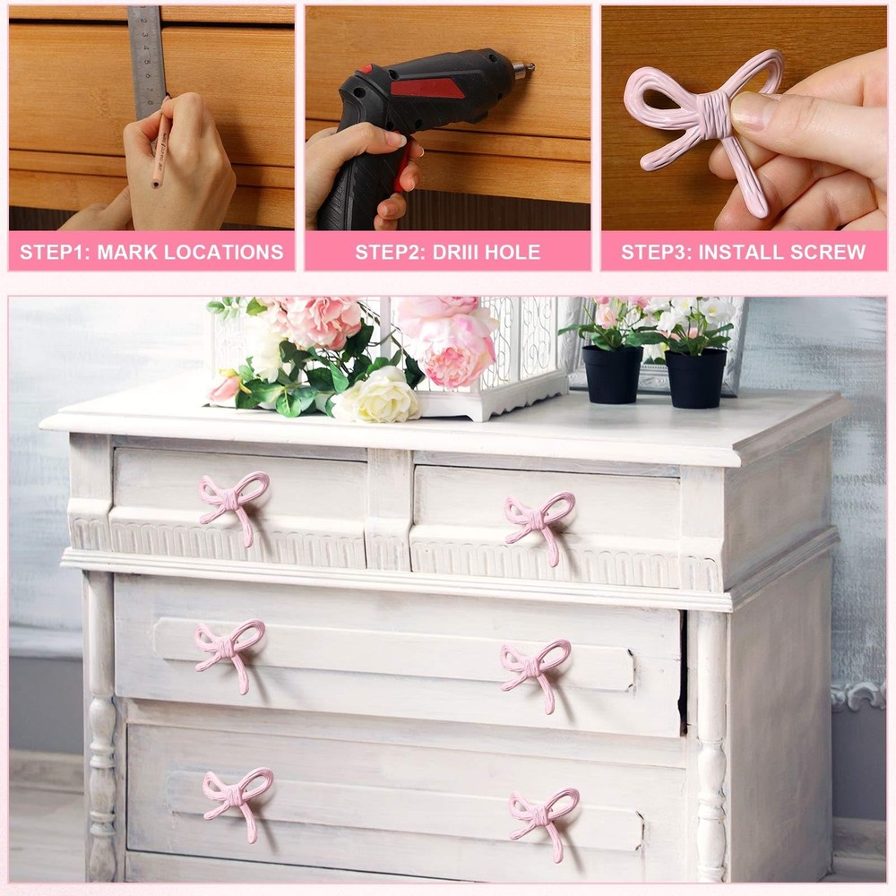Pink Bow Drawer Knobs Matel Bow Knobs for Dresser Coquette Room Decor Vintage...