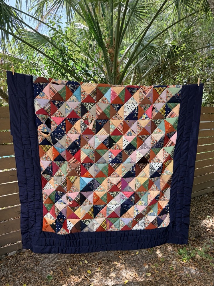 Vintage Handmade Satin Triangle Patchwork Quilt 74x88 Distressed Rustic Cowboy
