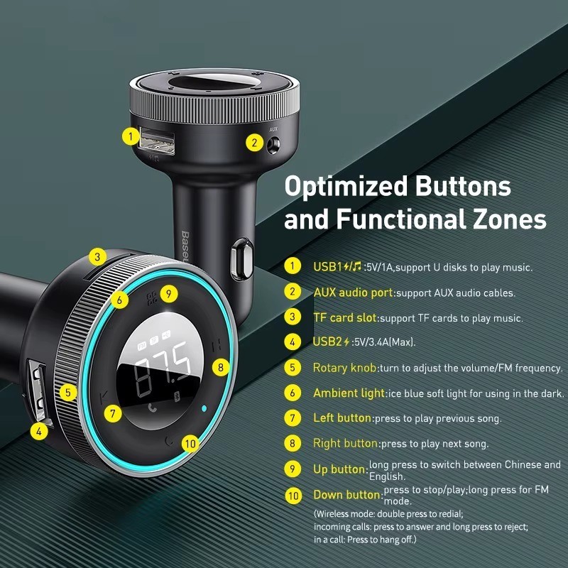 Baseus Bluetooth 5.0 FM Transmitter Car USB Fast Charger MP3 Player Kit