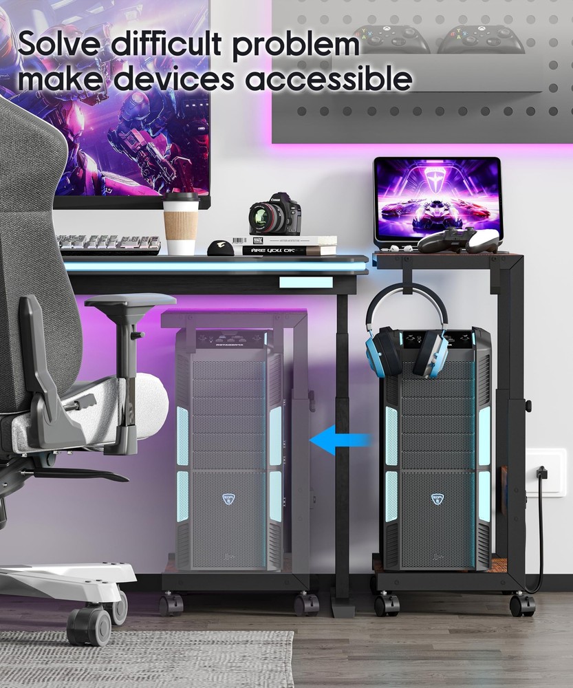 Height Adjustable Computer Tower Stand with Charging Station, 2 Tier Mobile F...