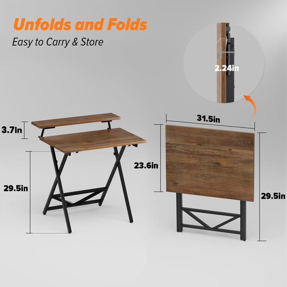 Folding Computer Desk with Adjustable Height, 23.6" x 31.5" x 25.6" Foldable ...