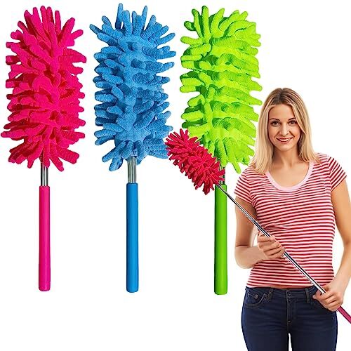 3 Pack Retractable Long-Reach Washable Duster for Cleaning, Microfiber Hand