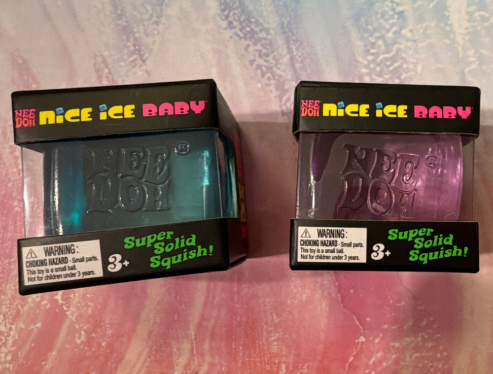 MINI Nee Doh Nice Ice Baby Super Solid Squish Squeeze Blocks 2 Pack Blue Purple