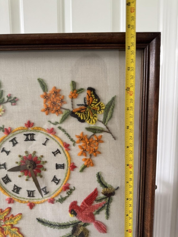 Vintage Embroidered Wall Clock with Wooden Frame