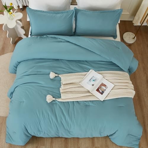 Comforter Size, 3 Pieces Lightweight Solid Bedding Set, All Full Grayish Teal