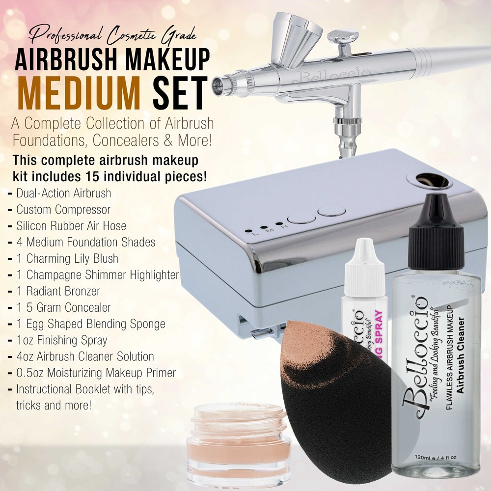 Belloccio AIRBRUSH Medium FOUNDATION MAKEUP SYSTEM Compressor Blush Bronzer Kit