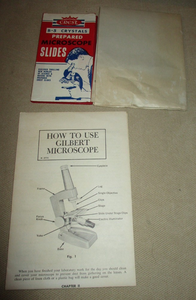Vintage 1963 Gilbert 13101 Microscope Lab Set and Prepared Slides - Working
