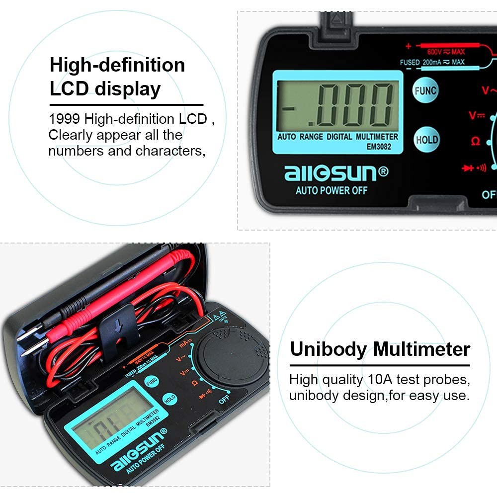 allsun Mini Auto Range Folding Digital Multimeter Compact, Red and Black