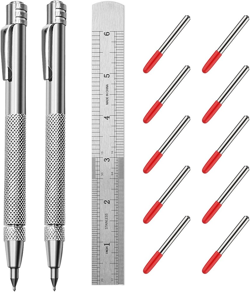 2 Pack Tungsten Carbide Tip Scriber Tool with 10 Refills 1 Ruler, Silver