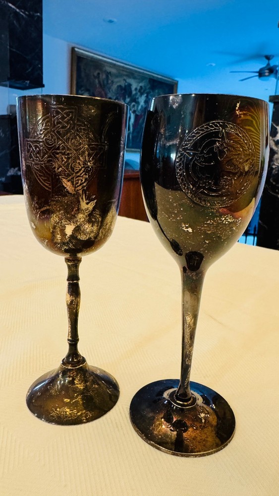 (2) Decorative Celtic Cross & Star Wine Goblet Pair 8" Made in India