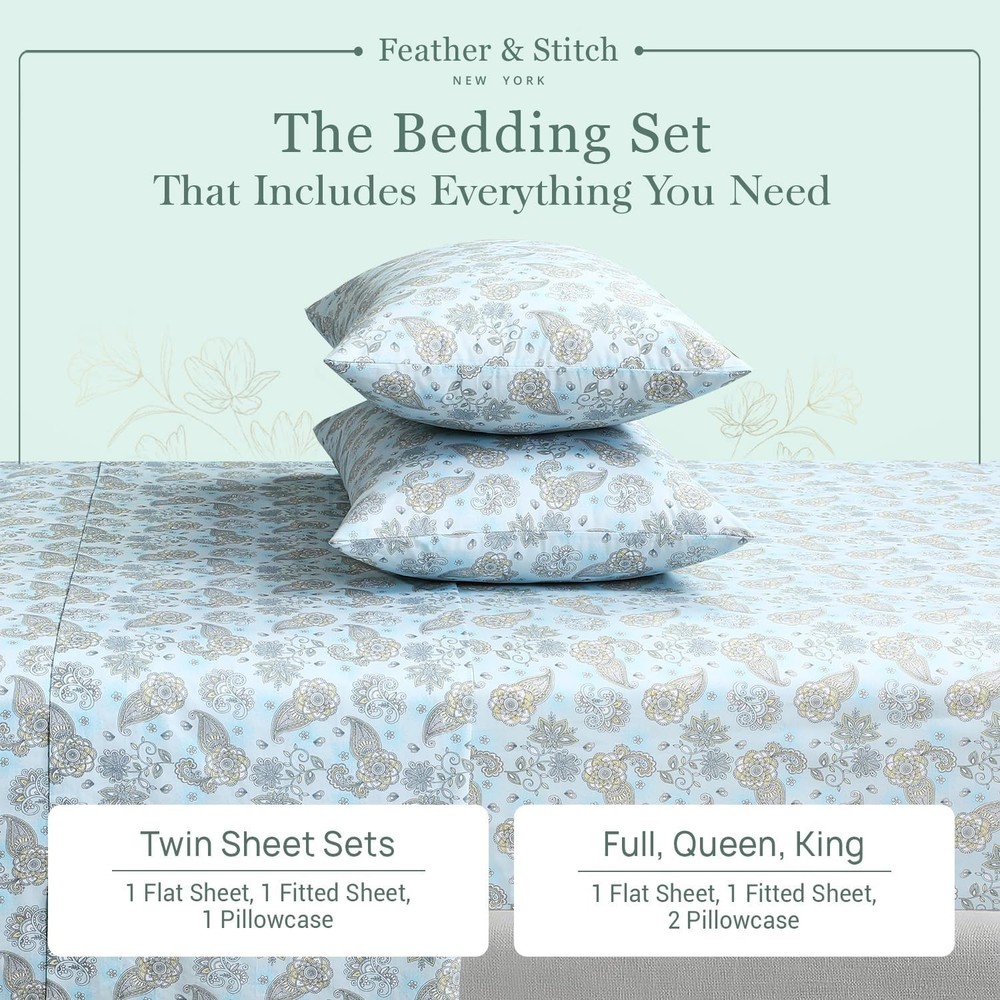 Feather & Stitch Softest 100% Cotton Sheets, 300 Thread Count Percale Weave B...