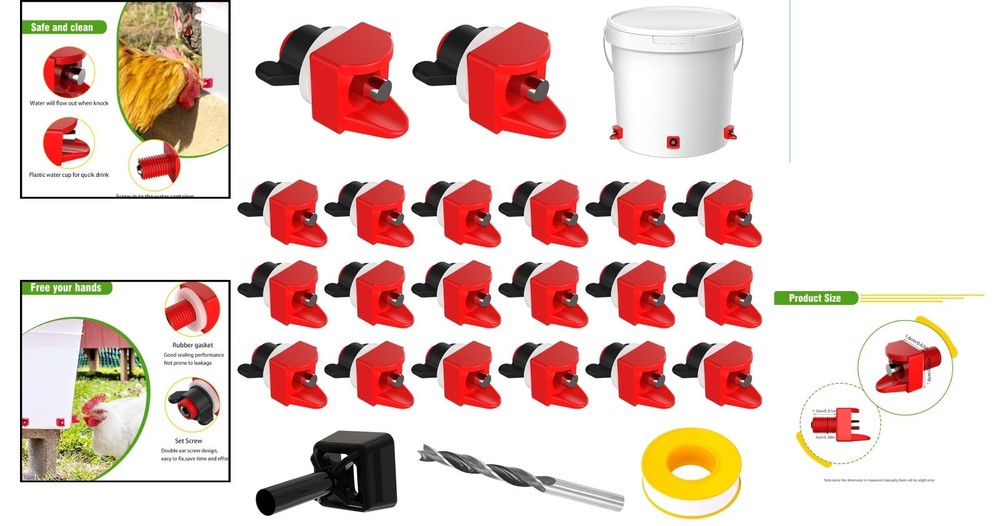 Automatic Poultry Waterer Kit - 10 Horizontal Chicken Water Nipples & Drill Bit