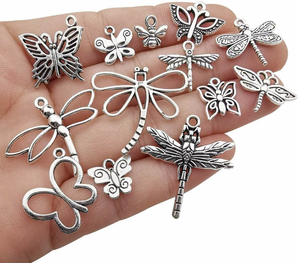 8 Bee Charms Butterfly Pendants Antiqued Silver Assorted Set Insect Wasp