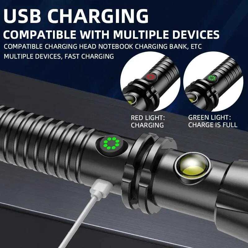 Rechargeable Tactical Flashlight Long Handle Self Defense Torch Window Breaker