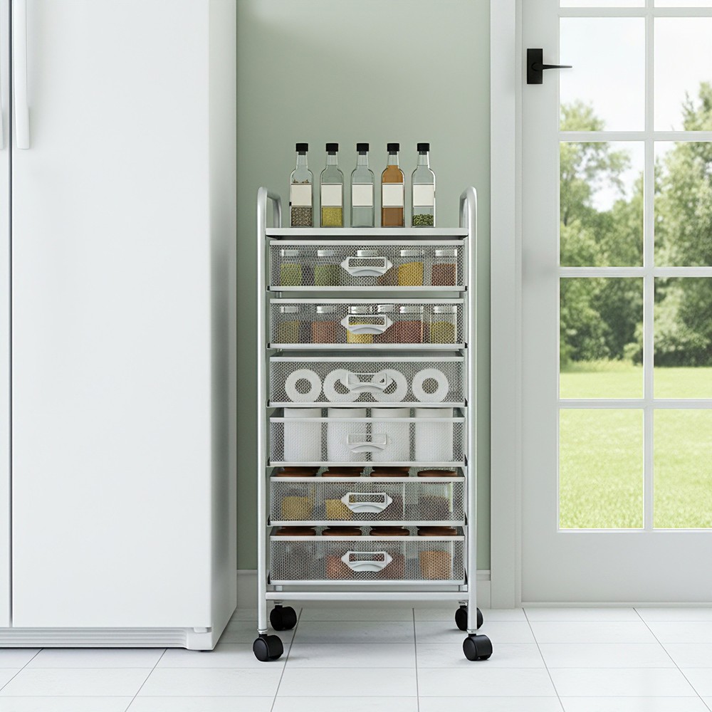 6-Drawer Mesh Rolling Storage Cart,Mobile File Organizer For Office,Study Silver