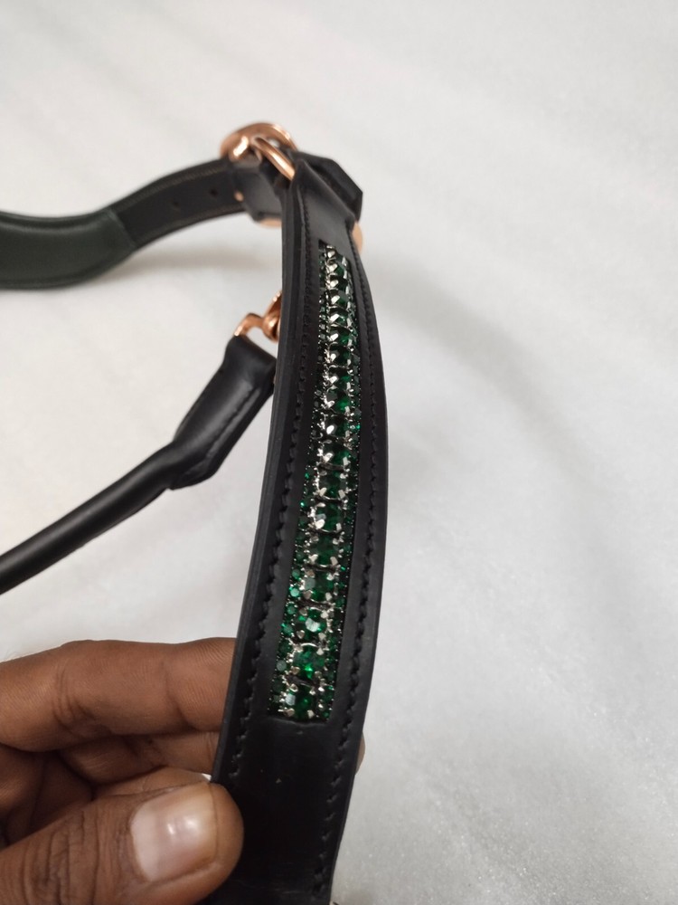 Green Crystal & black Padding Leather Horse Halter With Brass Fitting