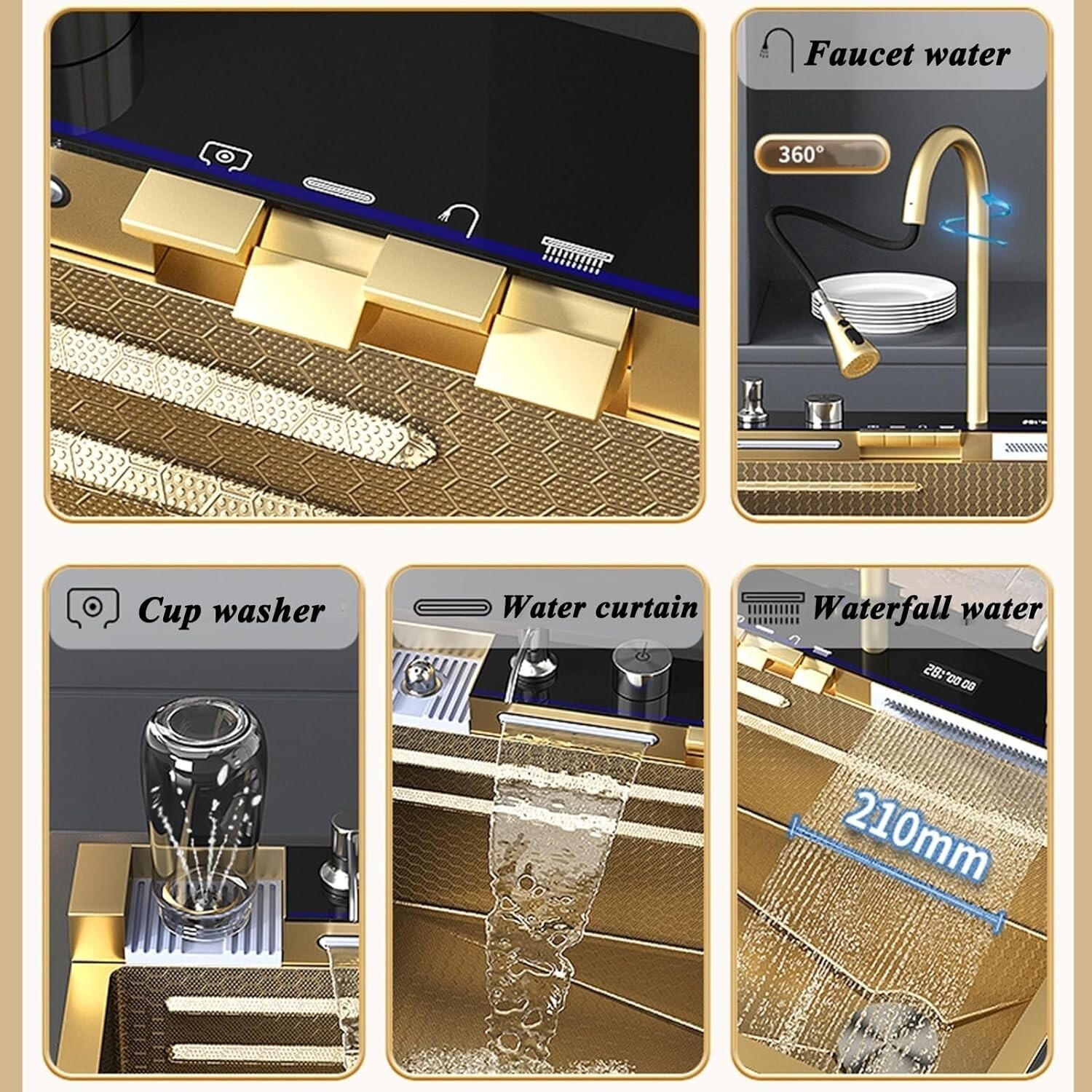 33x22 INCH Nano Gold Flying Rain Waterfall Household Sink Integrated Set