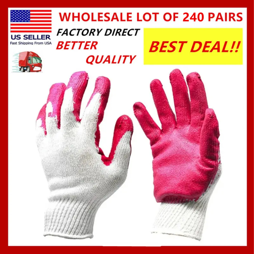 WHOLESALE 240 Pairs Non-Slip Red Latex Rubber Palm Coated Work Safety Gloves