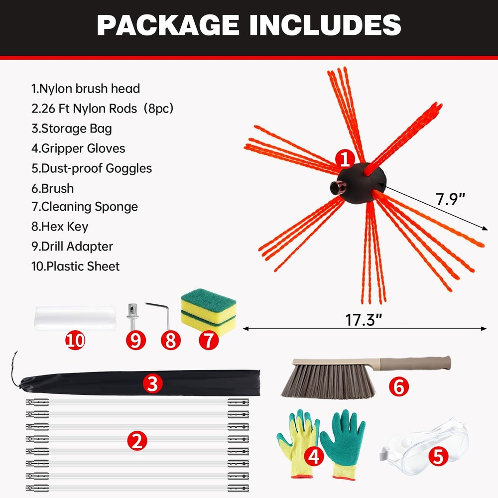 Chimney Sweep Kit with 8 Flexible Rods - Chrome Locking System