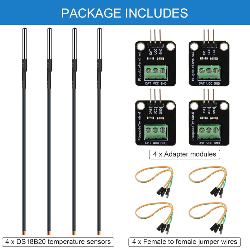 4 Sets DS18B20 Temperature Sensor Module Kit with 1 m/ 3.2 Ft Waterproof Digital
