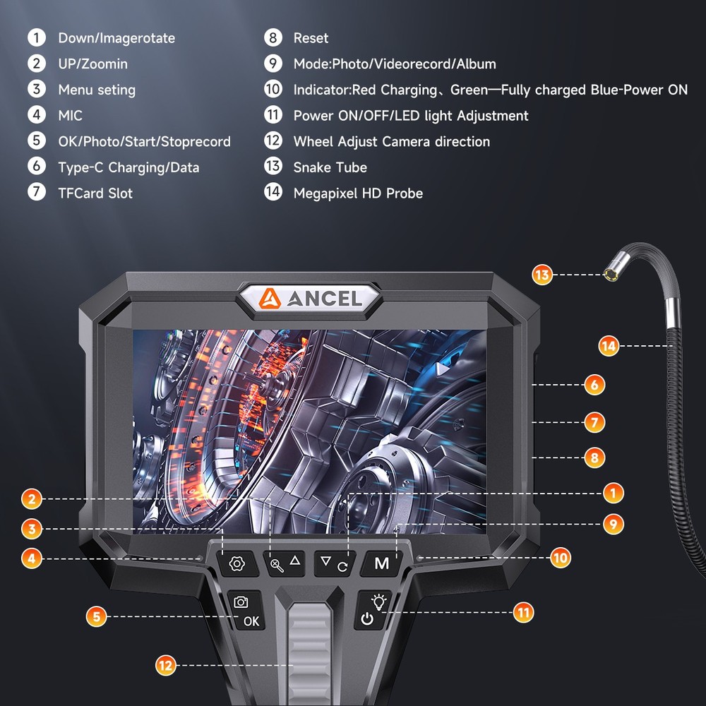 ANCEL AN301 Endscope Camera Borescope 6.2MM IP67 Waterproof Inspection Tool