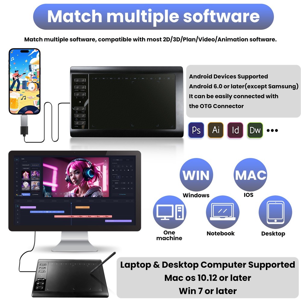 Drawing Tablet Large Area Graphics for Windows/Android/Mac+60°Tilt-Sensitive Pen
