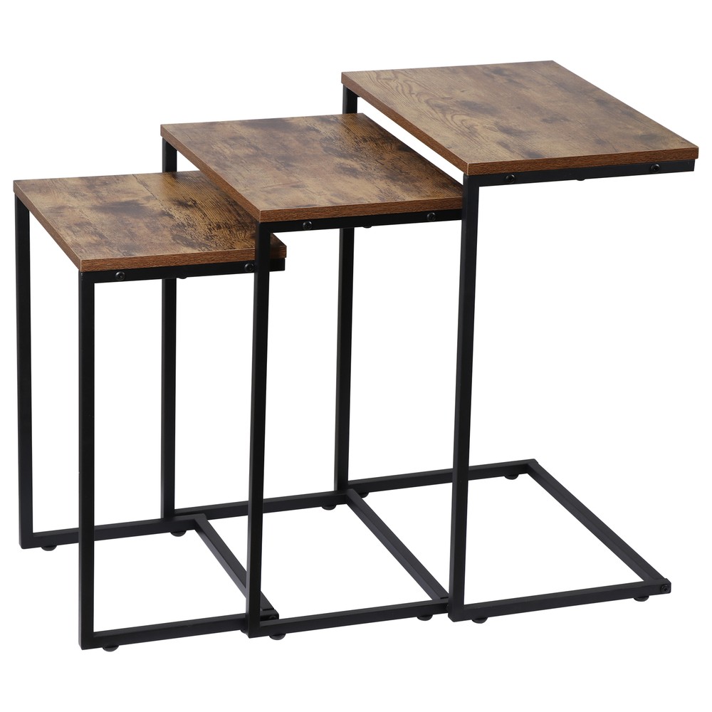 Nesting Coffee Table Set of 3 Stacking C-Shape Accent End Table with Metal Frame
