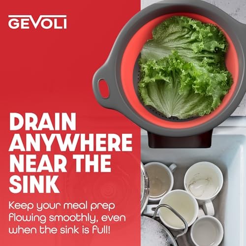 Strainer with Self-Draining Base (5QT) Over-Sink Collapsible Kitchen 1 Pack Red