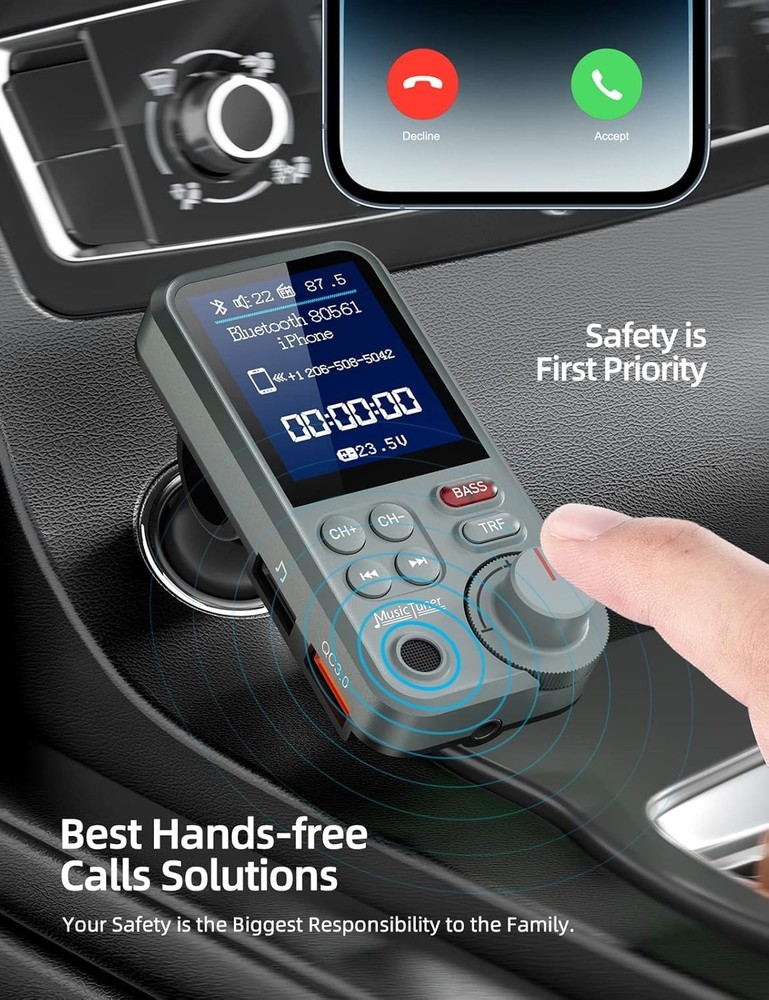 Car Adapter KM30: Treble & Bass Music Streaming with 1.8" Display & Quick Charge