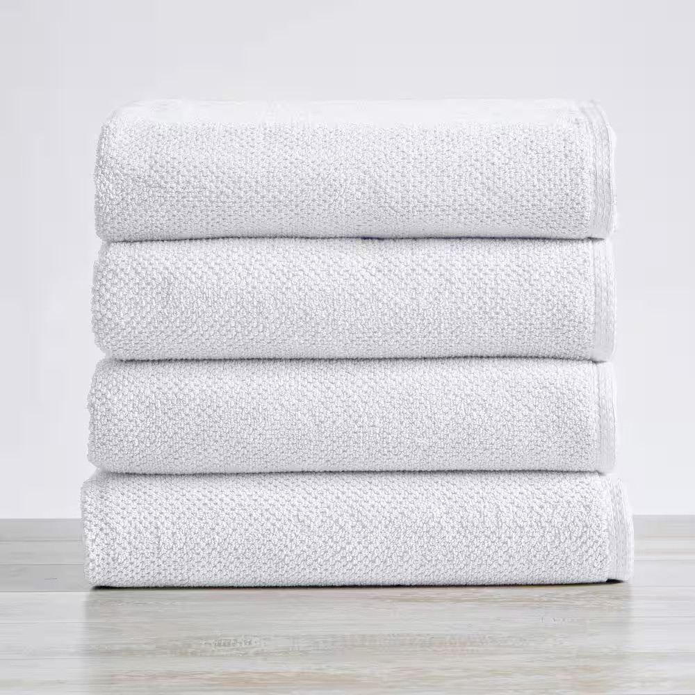 White Solid 100% Cotton Textured Bath Towel (Set of 4)