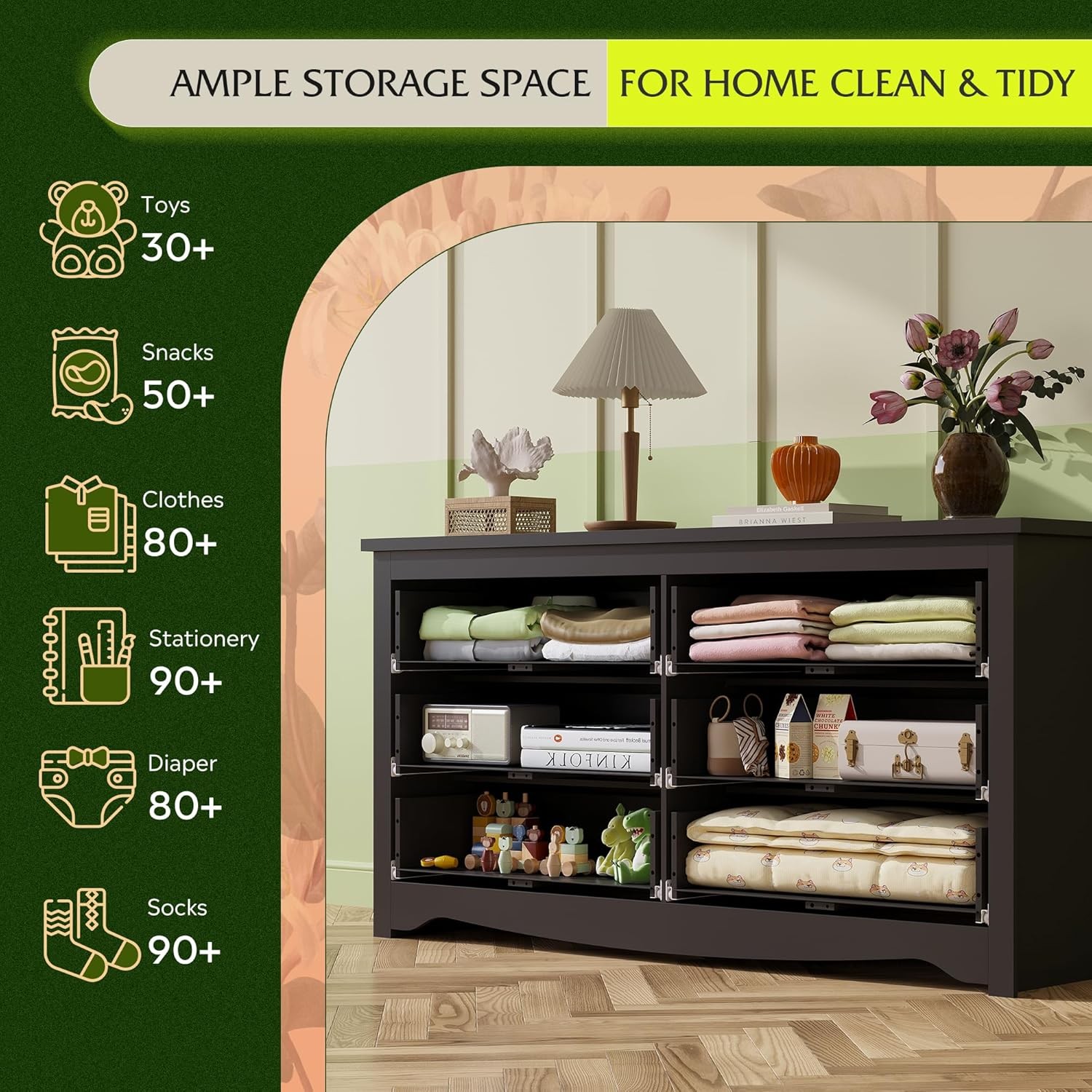 Black Wooden 6-Drawer Dresser, 59" Wide Modern Chest for Bedroom & Living Room