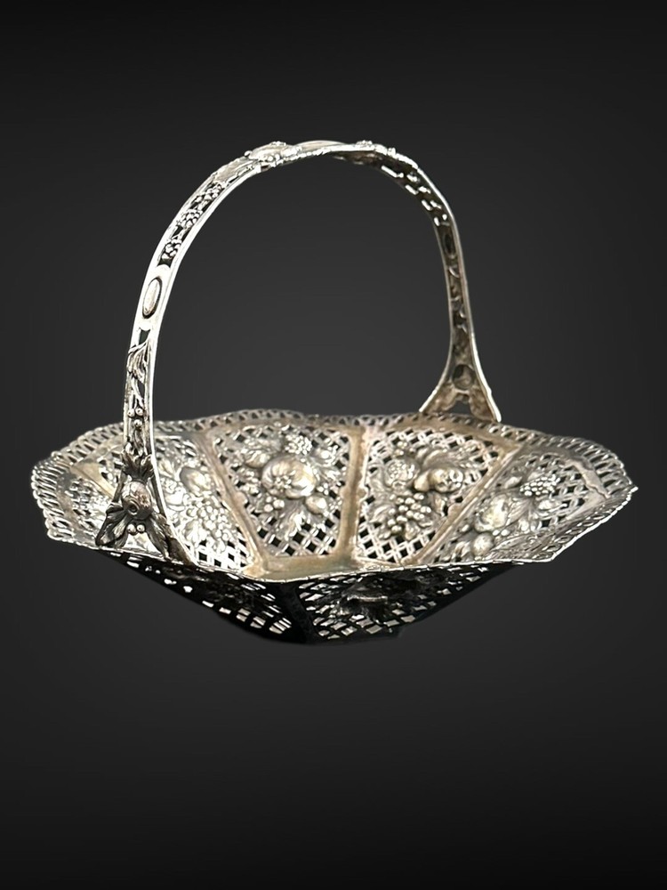 Antique German Solid 800 Silver Repousse Hallmarked Ornate Basket with Handle