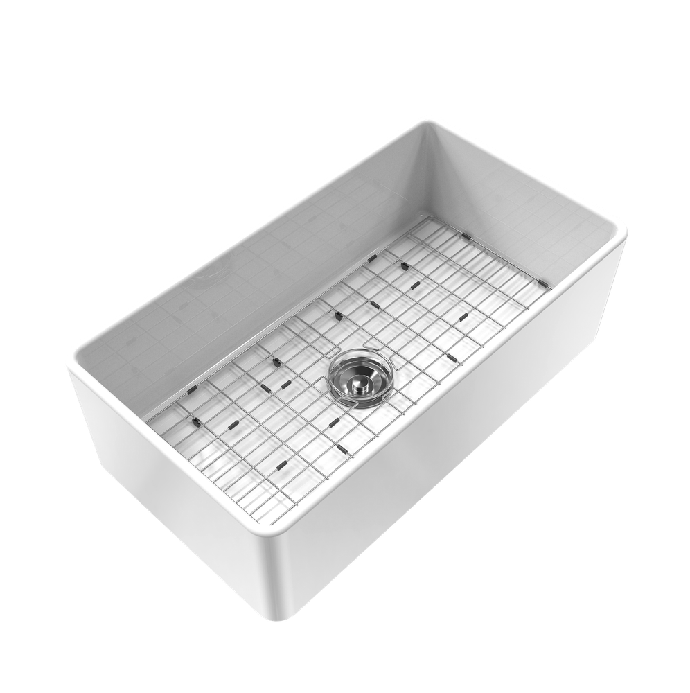 24''30" 33" Kitchen Sink Rectangular White Ceramic Apron Farmhouse Sinks W/ Grid