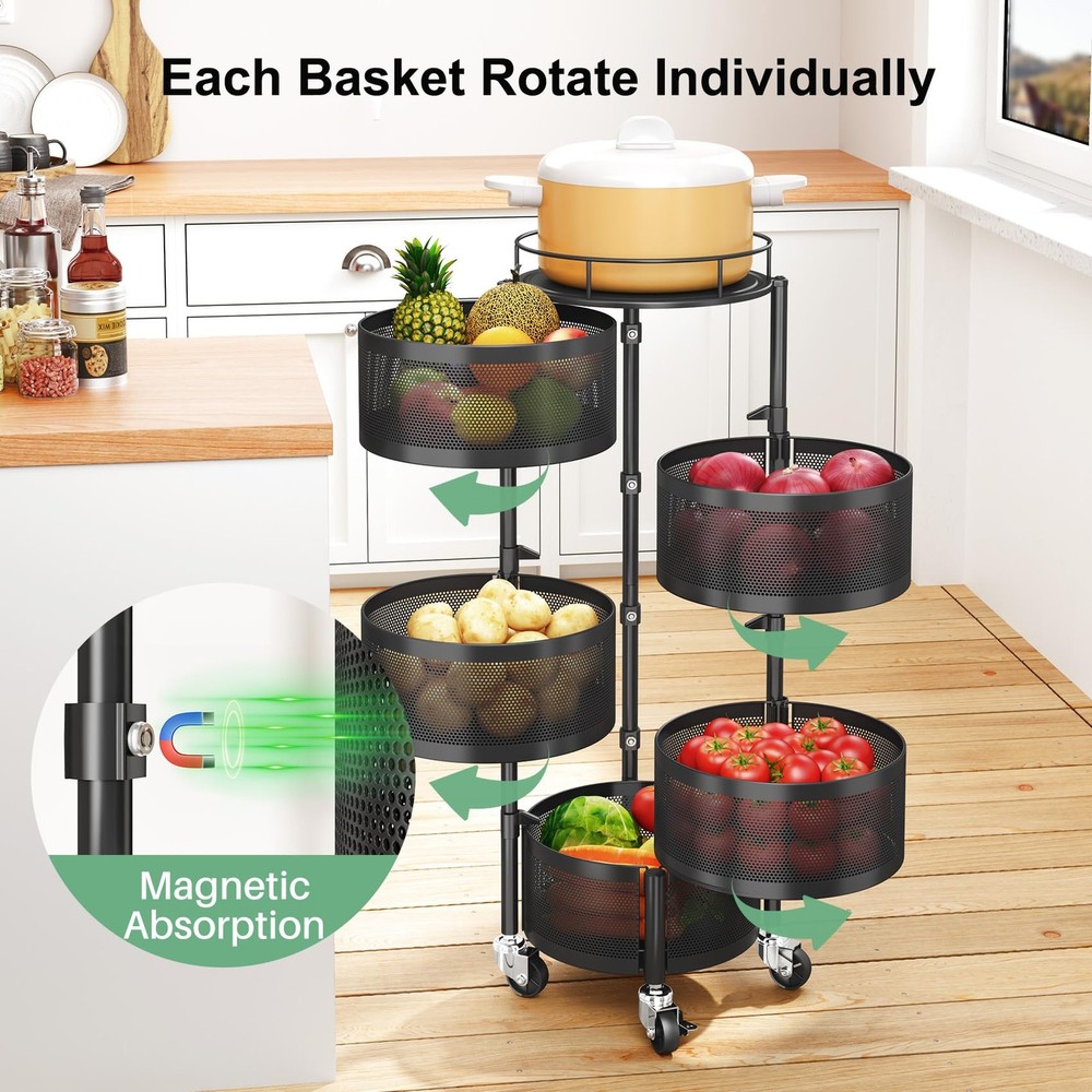 5 Tier Rolling Kitchen Storage Cart Rotating Rack w/Top Lid Black