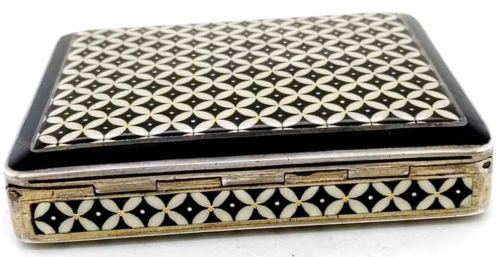 Unusual Silver Square Enamel Box with Geometric Pattern