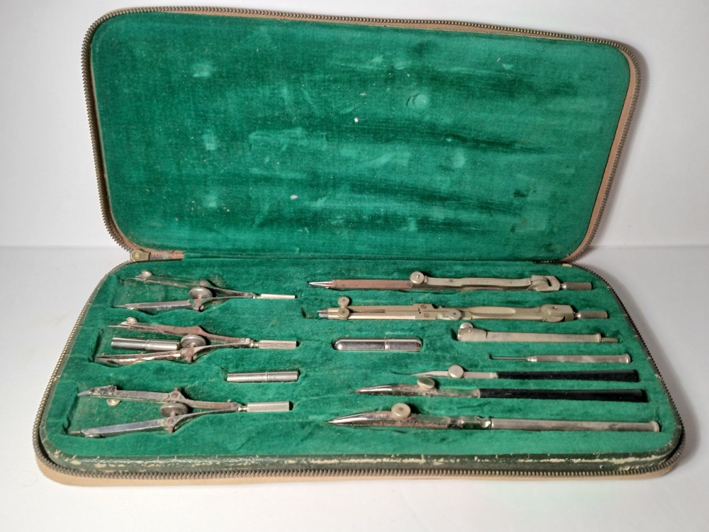 13 Piece Large Vintage Antique German Drafting Set Compass Germany Drafting Set
