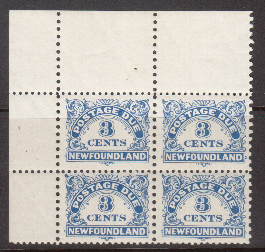 Newfoundland #J3a VF/NH UL Corner Block