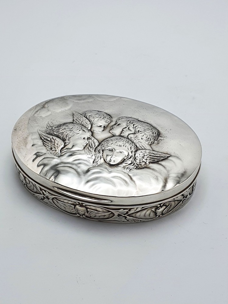 Fabulous Antique Solid Silver Oval Trinket Box with Cherub Relief - 1907