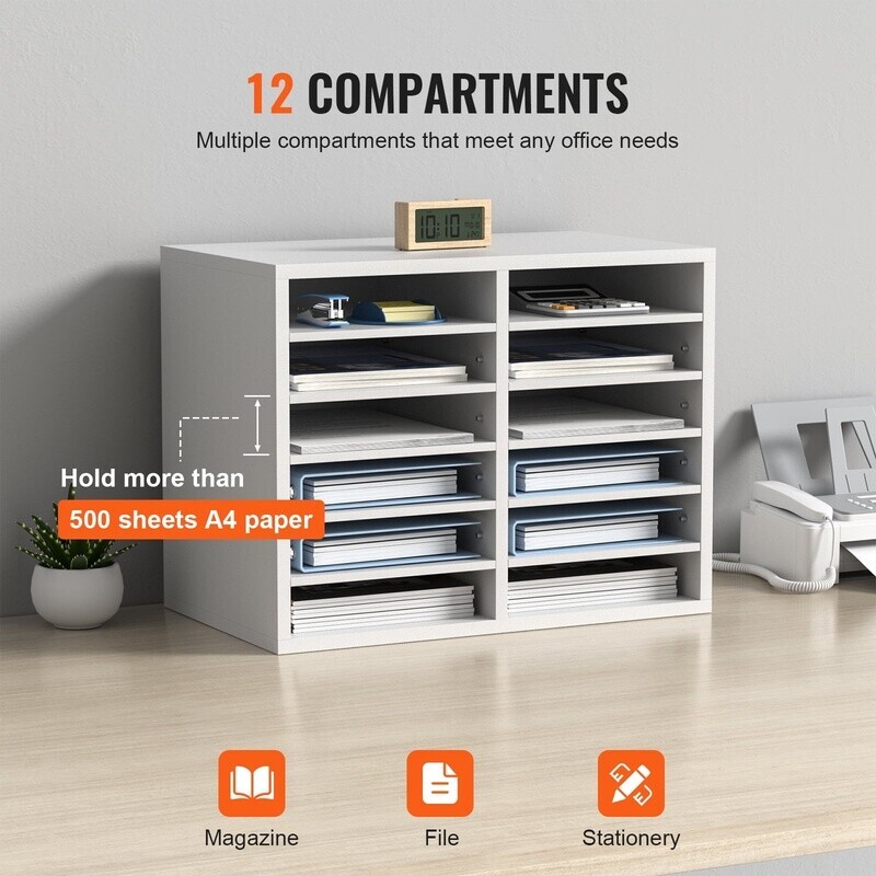 12 Compartment Wood File Sorter Adjustable Document Organizer Office Storage New