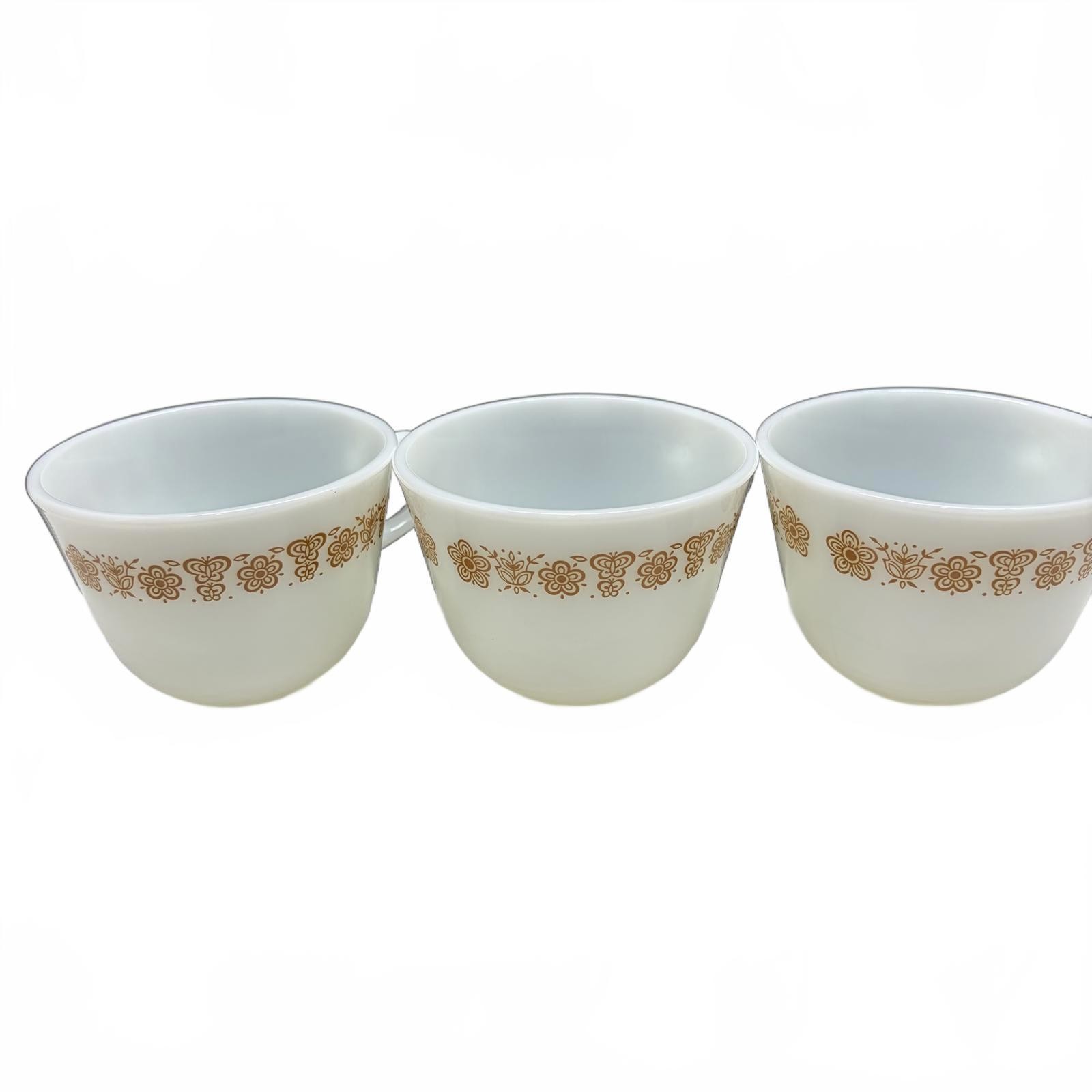 Set of 3 Vintage Corning Pyrex Butterfly Gold milk glass coffee cups