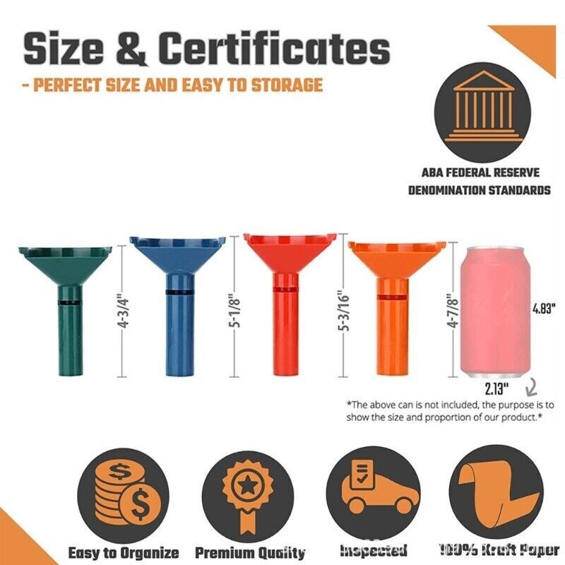 4PCS/SET 4 Color-Coded Coin Storage & Sorter Tubes Assorted Wrappers Counters US