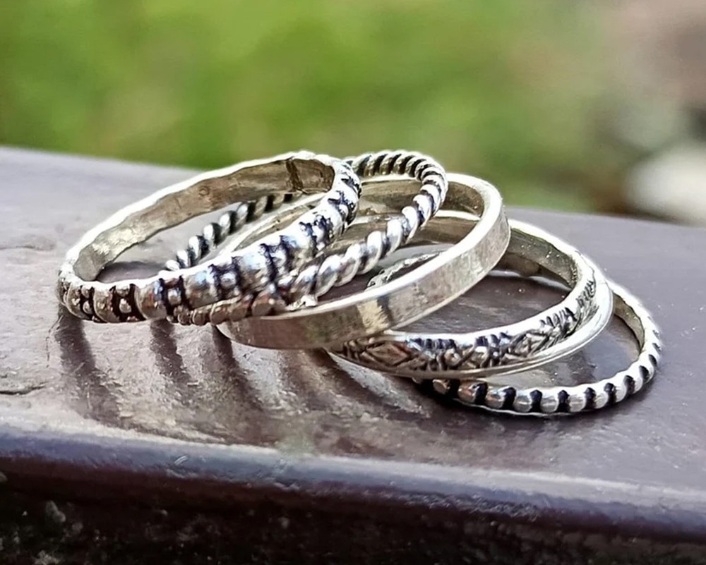 Solid 925 Sterling Silver Set 6pc Textured Knuckle Boho Stacking Band Women Ring