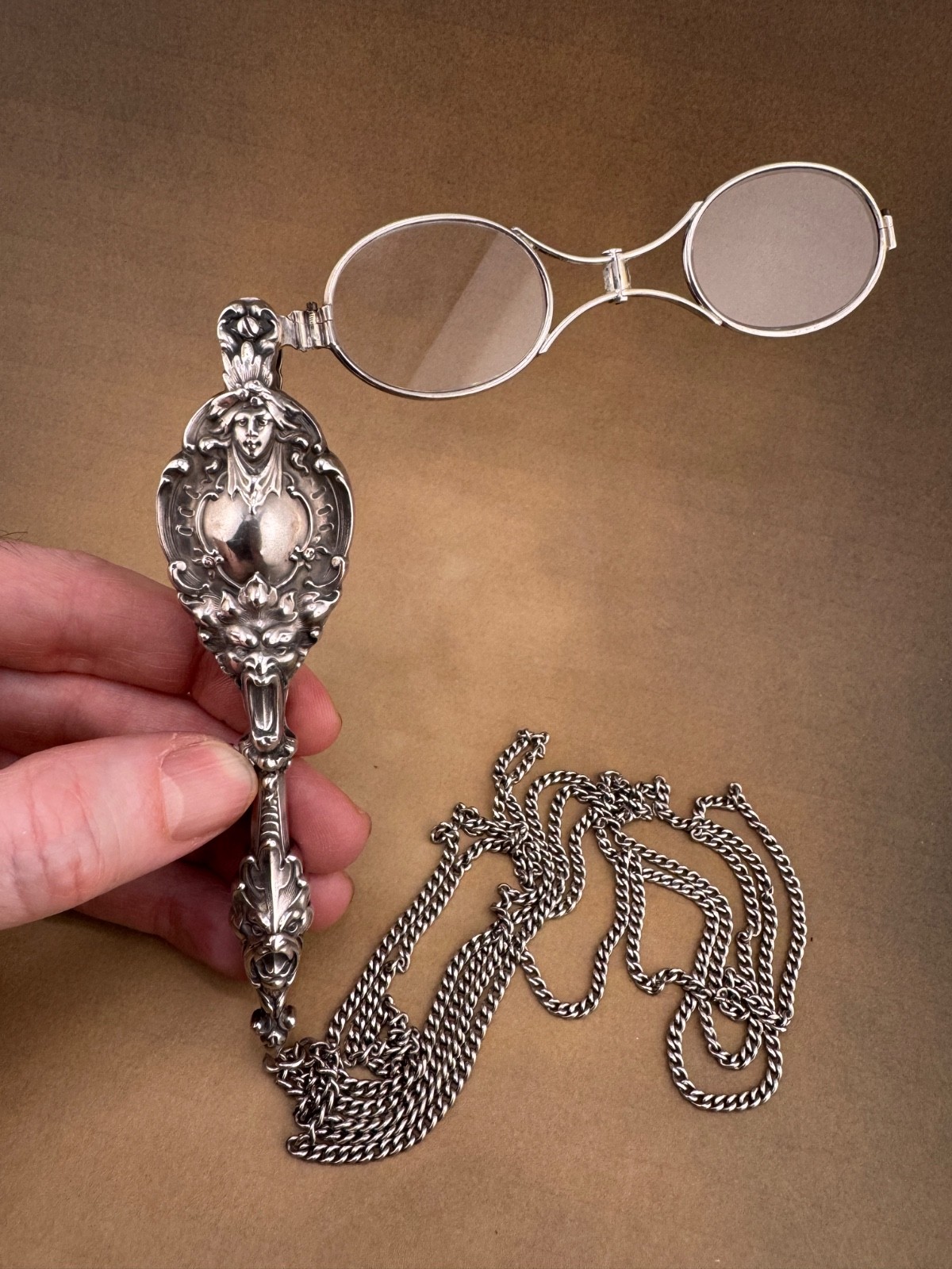 Unger Brothers Sterling Silver Art Nouveau Lorgnette Devil Male Figure 5.25"