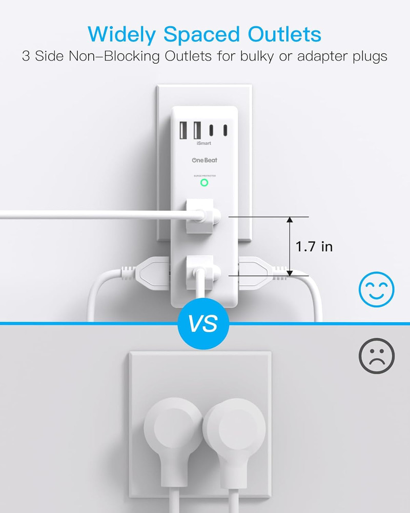 Surge Protector Outlet Extender - with Rotating Plug, 6 AC Multi Plug Outlet wit