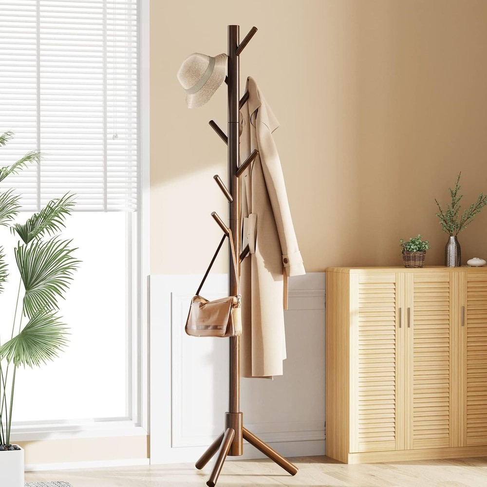 Freestanding Wooden Coat Tree - Stylish Storage Solution with Adjustable Height