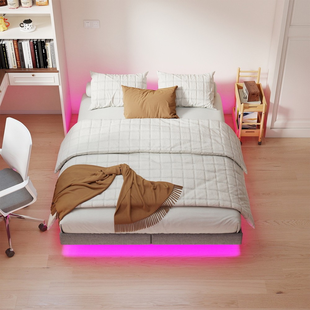 King Floating Bed Frame with LED Lights & Under Bed Storage No Box Spring Needed